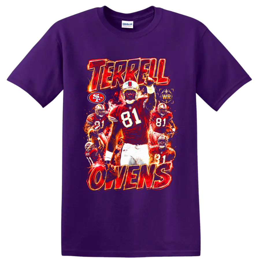 Terrell Owens 49ers number 81 fiery football collage with TERRELL OWENS text on a Purple T Shirt