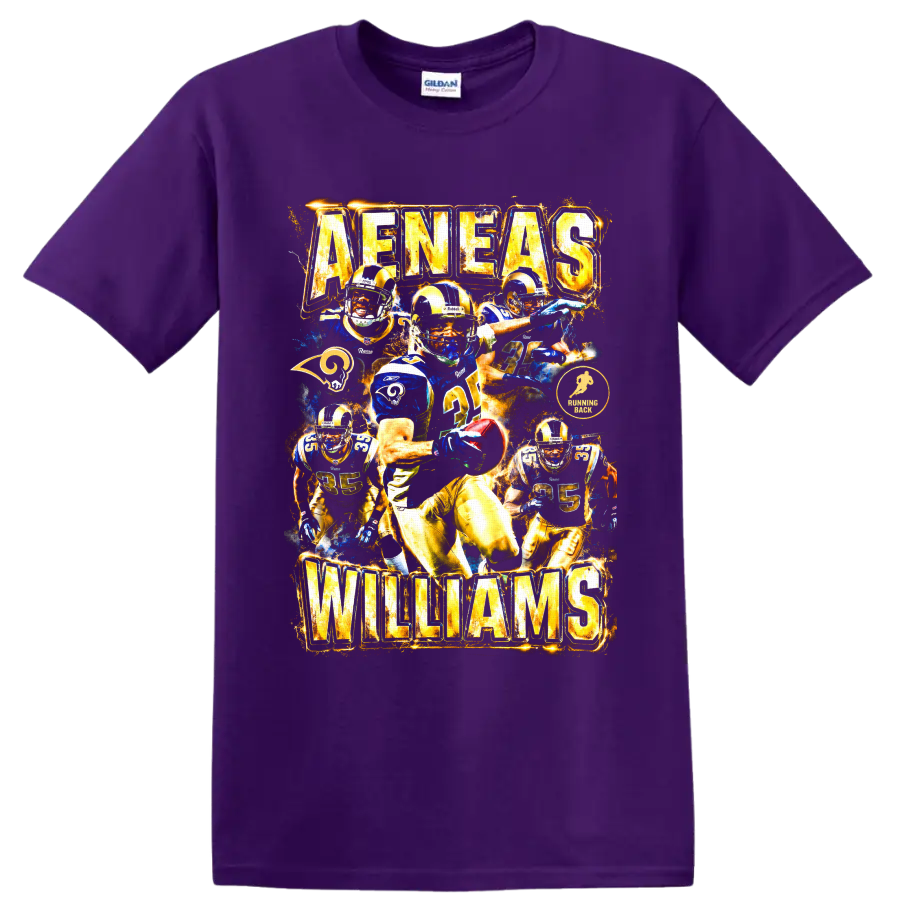 Aeneas Williams St. Louis Rams vintage football action collage with AENEAS WILLIAMS text on a Purple T Shirt
