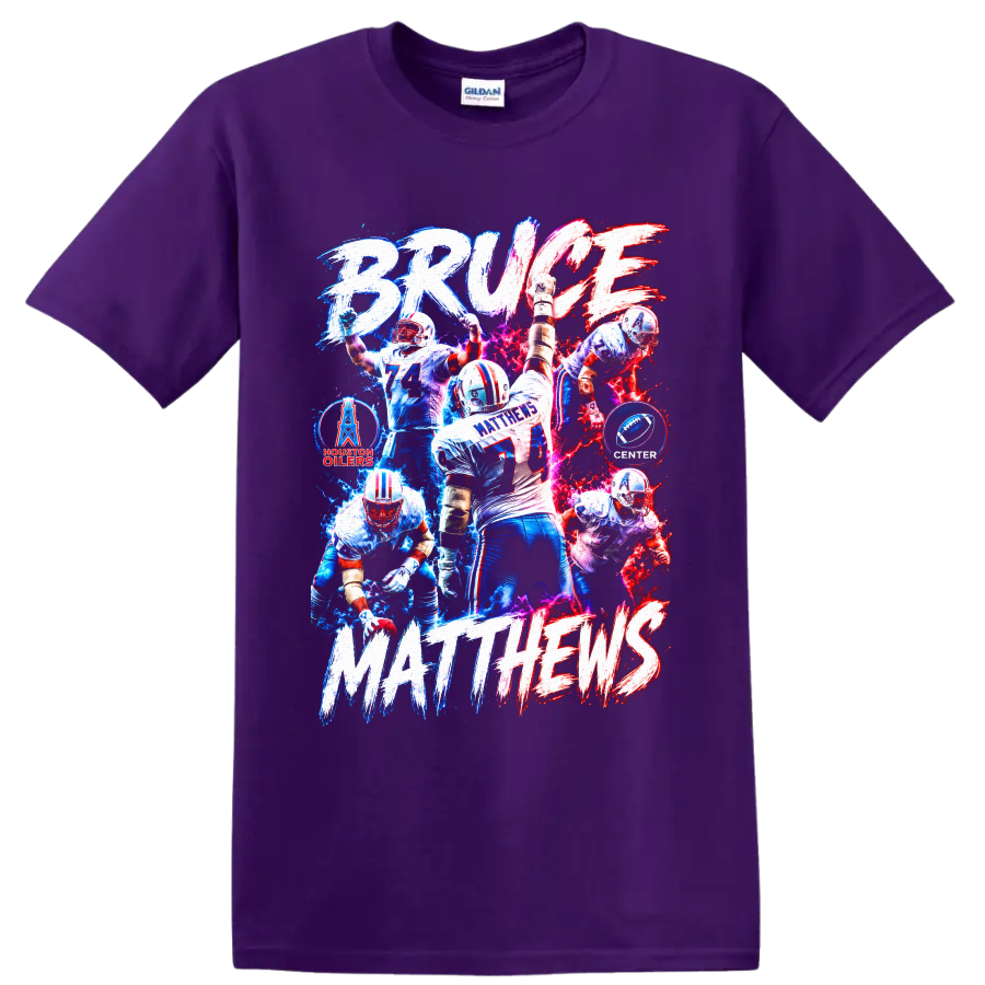 Bruce Matthews Houston Oilers No. 74 football collage with electric BRUCE MATTHEWS on a Purple T Shirt