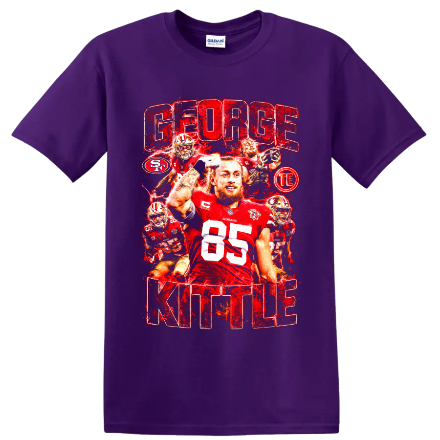 George Kittle 49ers number 85 football collage with distressed GEORGE KITTLE text on a Purple T Shirt