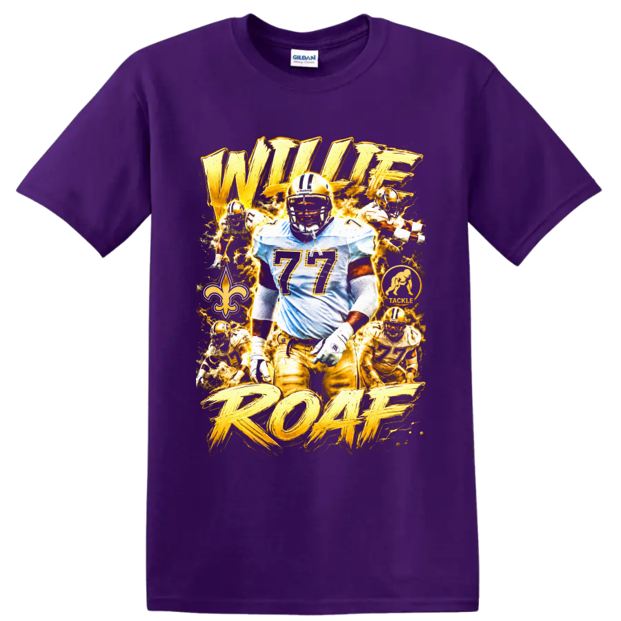 Willie Roaf Saints football collage with number 77, fleur-de-lis, and ROAF lettering on a Purple T Shirt