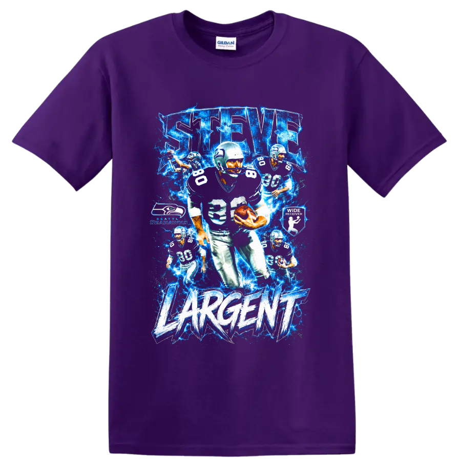 Steve Largent Seattle Seahawks number 80 electric blue football collage with Largent text on a Purple T Shirt
