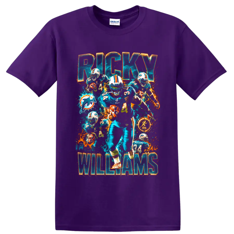Ricky Williams Miami Dolphins number 34 action collage with RICKY and WILLIAMS text on a Purple T Shirt