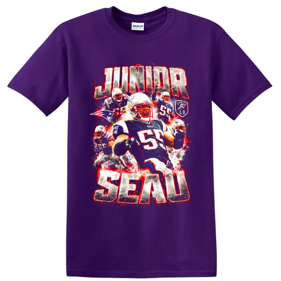 Junior Seau Patriots linebacker action collage with red electric splatter and bold on a Purple T Shirt