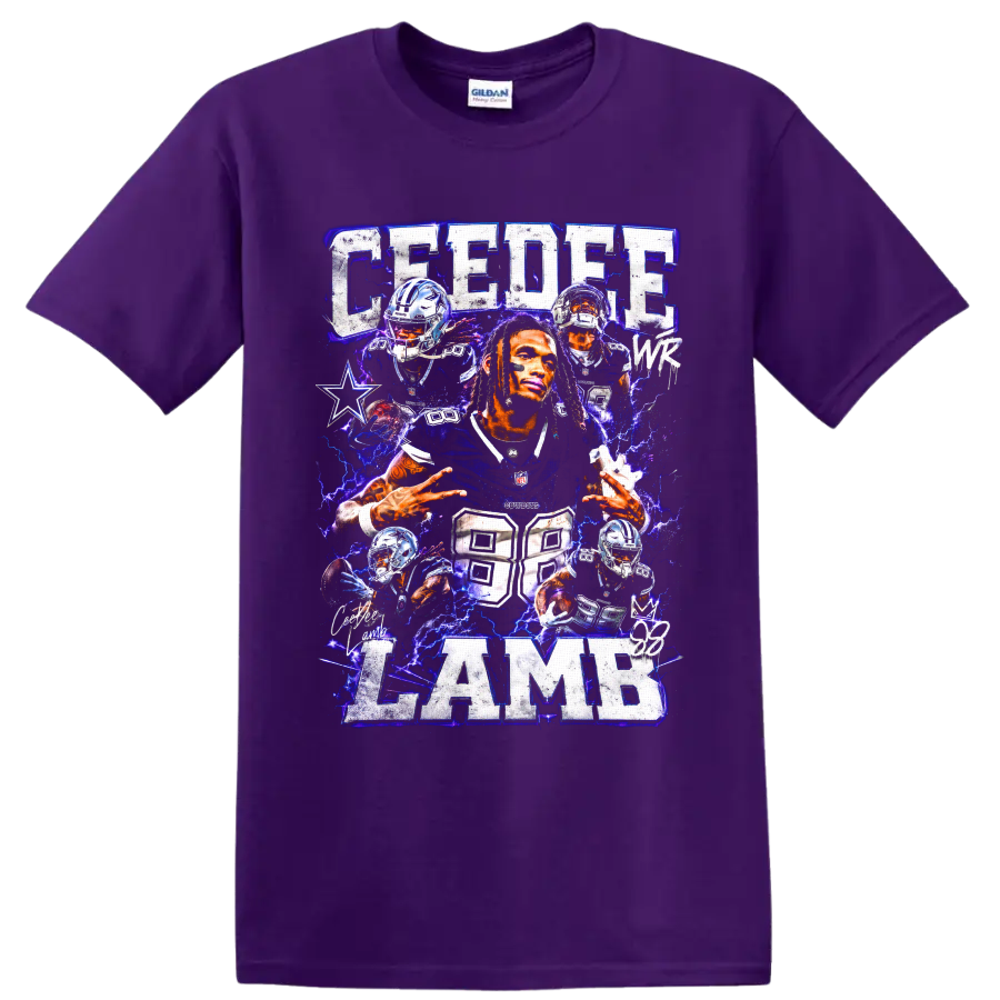 CeeDee Lamb Dallas Cowboys football collage with electric blue lightning and number 88 on a Purple T Shirt