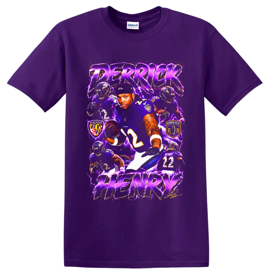 Derrick Henry Ravens No. 22 action collage with purple lightning and HENRY text on a Purple T Shirt