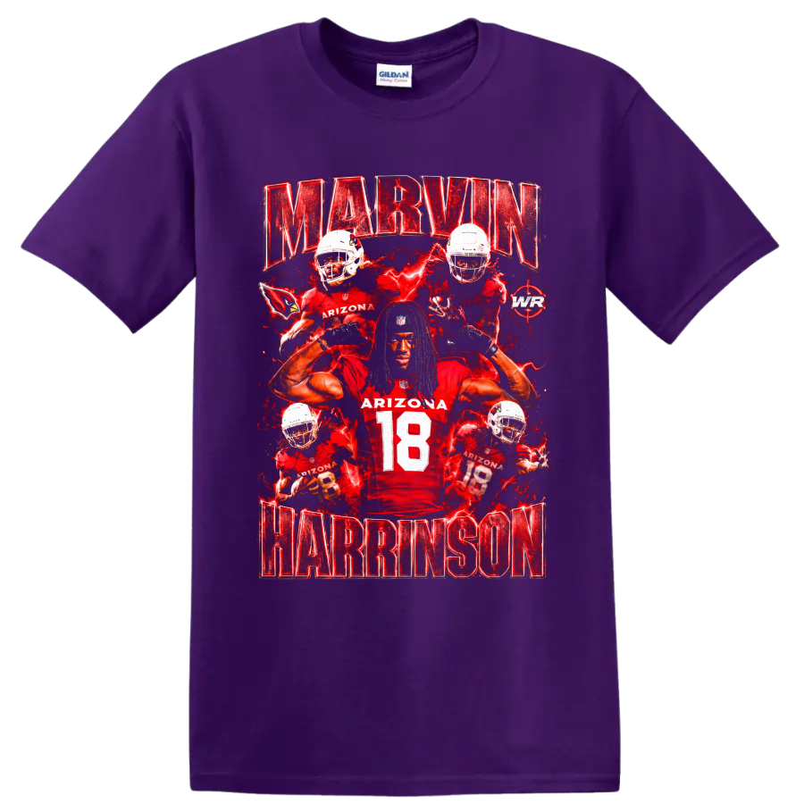 Marvin Harrison Jr Arizona Cardinals number 18 football collage with red lightning on a Purple T Shirt