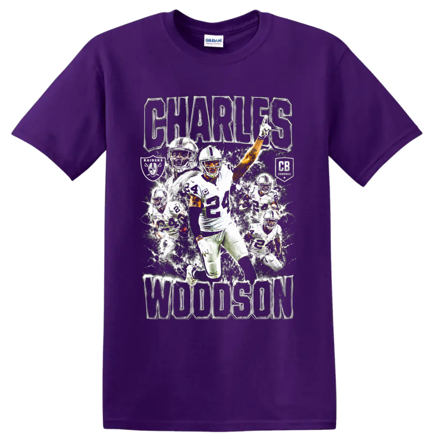 Charles Woodson number 24 football action collage with Raiders graphics and bold lettering on a Purple T Shirt