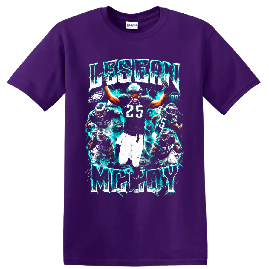 LeSean McCoy Philadelphia Eagles running back collage with electric teal lightning on a Purple T Shirt