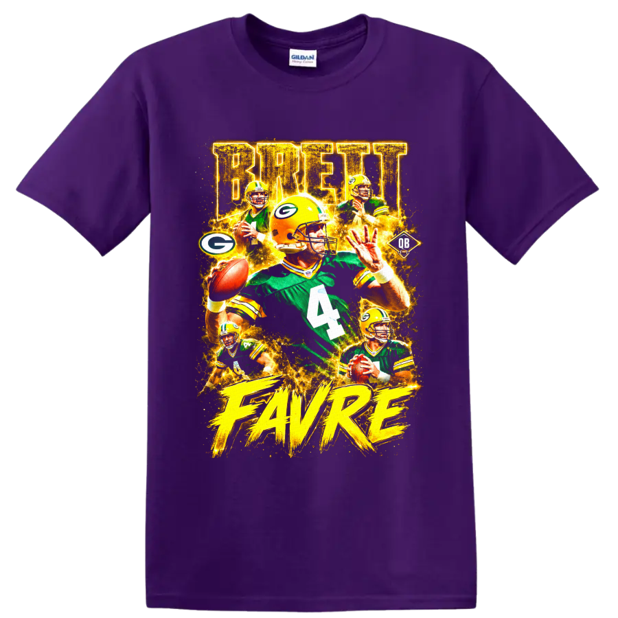 Brett Favre Green Bay Packers number 4 vintage football collage graphic on a Purple T Shirt
