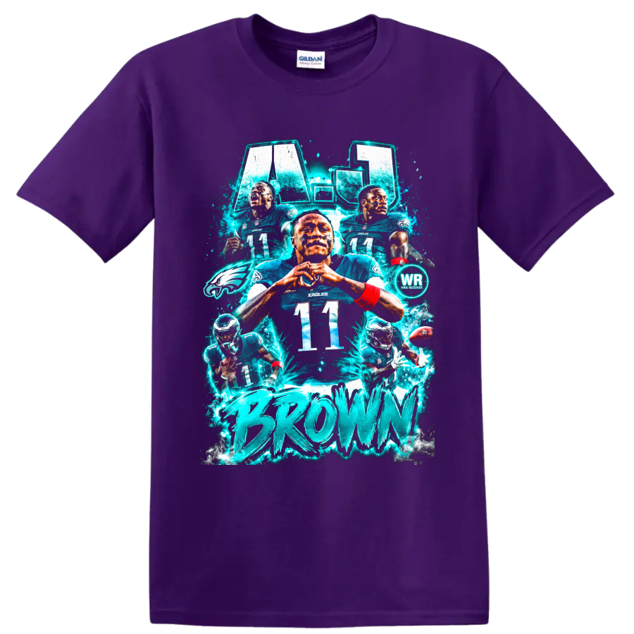 A.J. Brown Philadelphia Eagles number 11 electric teal football collage graphic on a Purple T Shirt