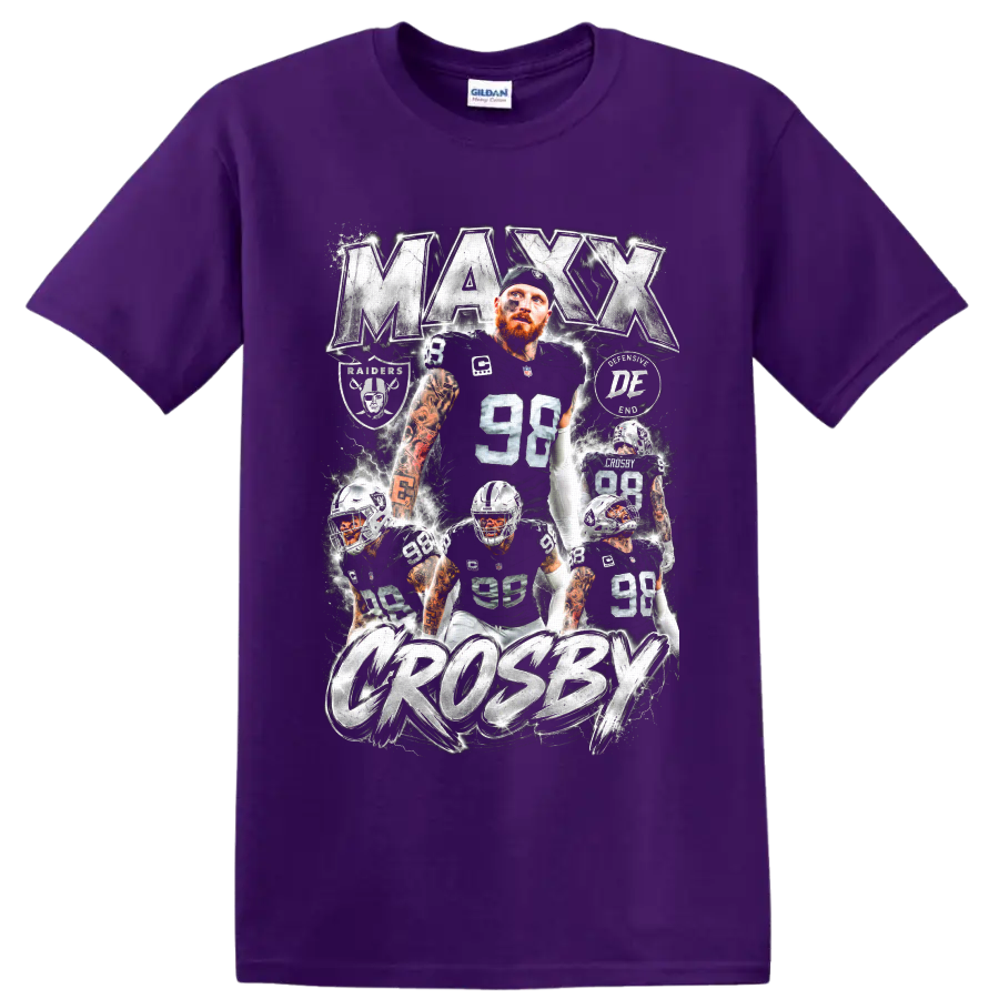 Maxx Crosby Raiders number 98 action collage with metallic lettering and lightning on a Purple T Shirt