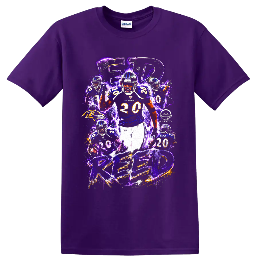 Ed Reed Baltimore Ravens safety collage with purple lightning and REED lettering on a Purple T Shirt