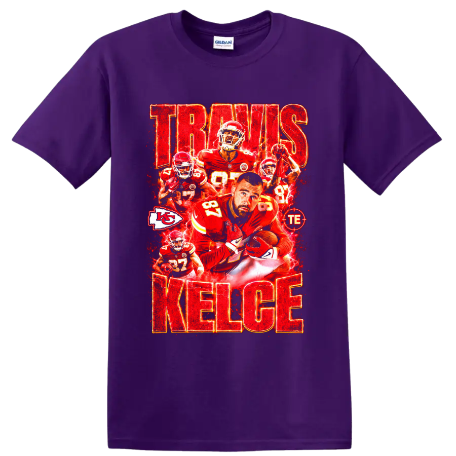 Travis Kelce Chiefs number 87 football collage with electric red TRAVIS KELCE text on a Purple T Shirt