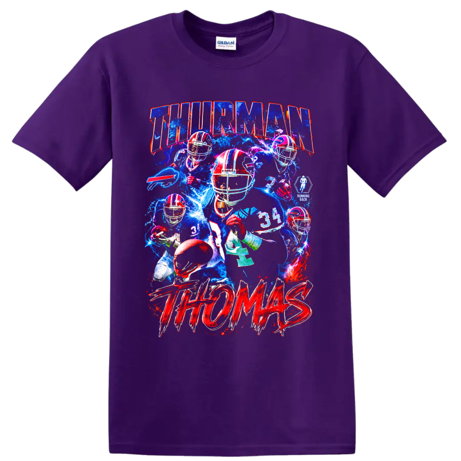 Thurman Thomas Buffalo Bills running back electric football collage with bold lettering on a Purple T Shirt