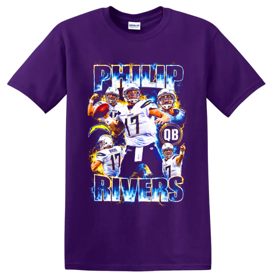 Philip Rivers Chargers quarterback collage with number 17, lightning bolt, and electric on a Purple T Shirt