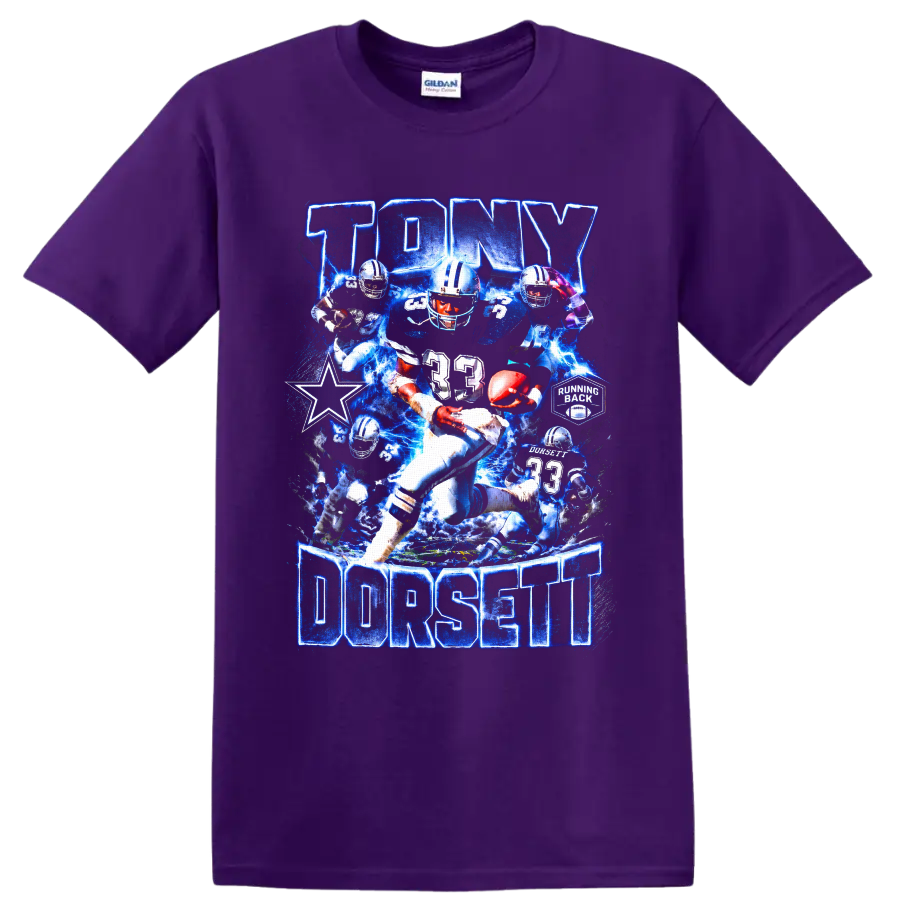 Tony Dorsett Dallas Cowboys number 33 running back collage with blue lightning on a Purple T Shirt
