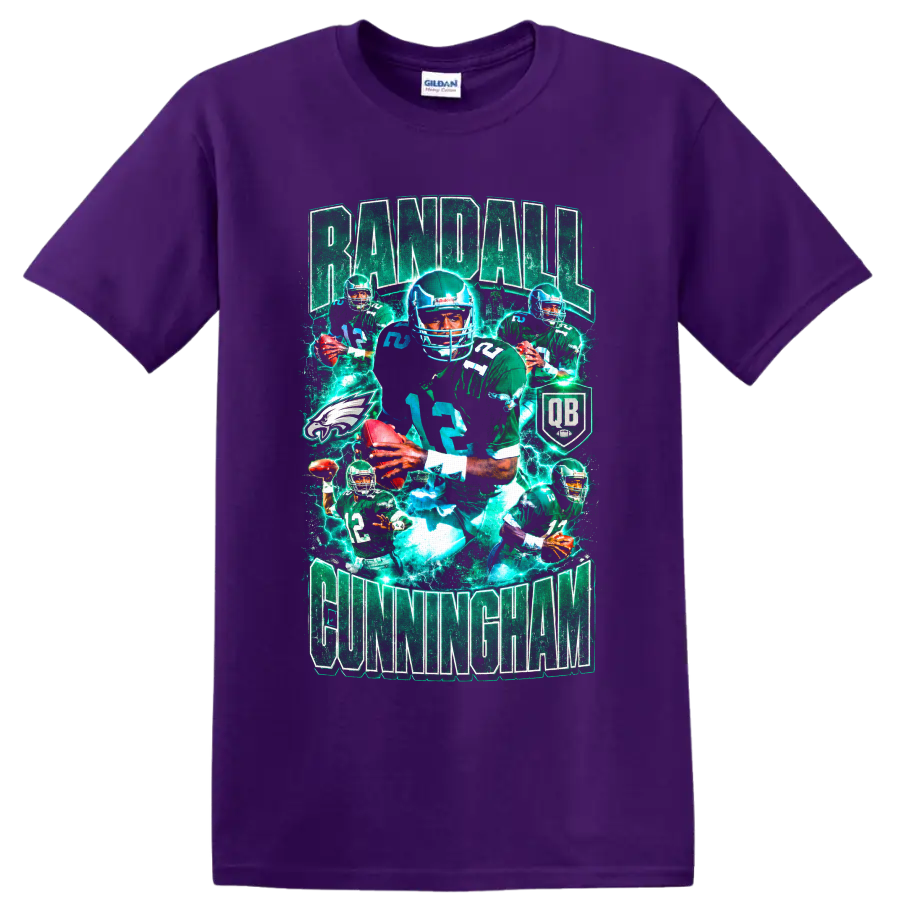 Randall Cunningham Philadelphia Eagles quarterback vintage collage with electric football on a Purple T Shirt