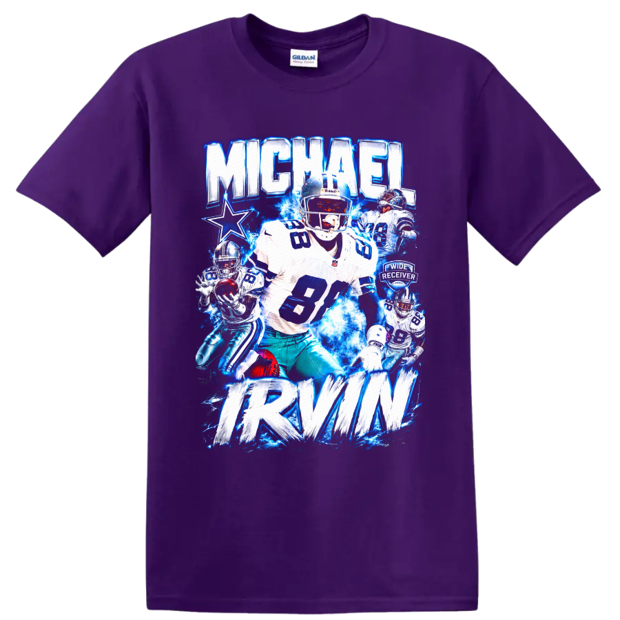 Michael Irvin Dallas Cowboys number 88 wide receiver electric blue graphic collage on a Purple T Shirt