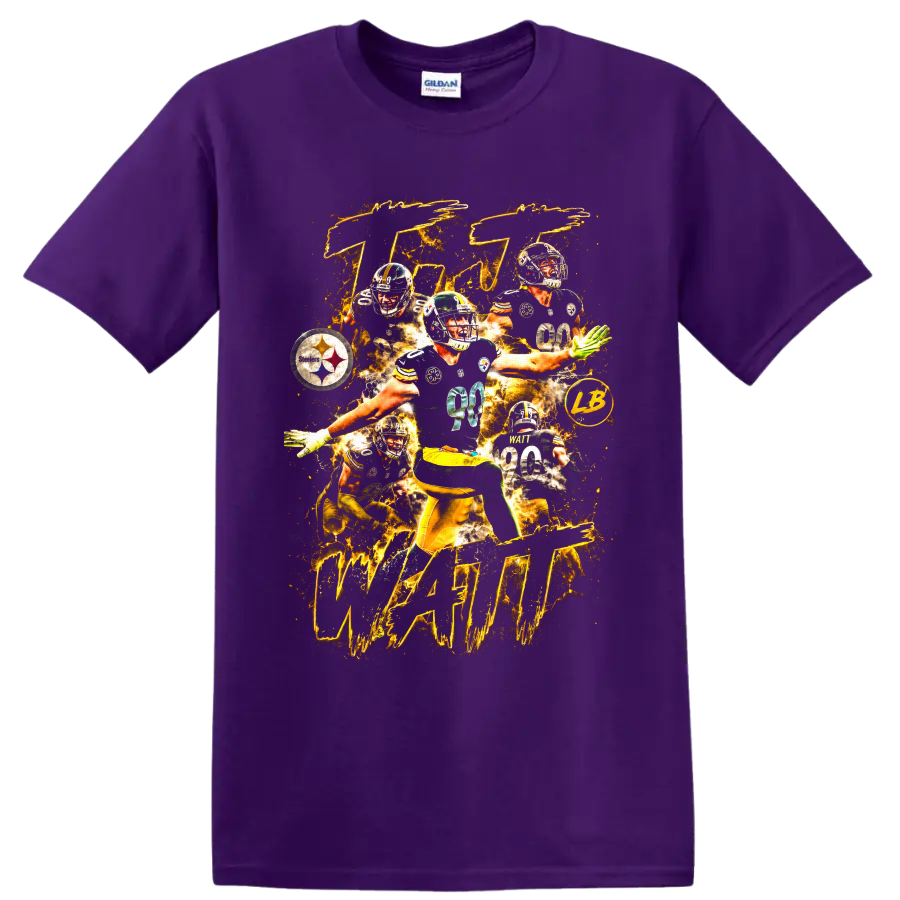 T.J. Watt Steelers number 90 action collage with gold lightning on a Purple T Shirt