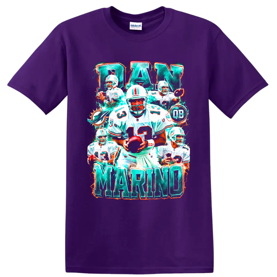 Dan Marino Miami Dolphins quarterback collage with number 13, QB badge, and bold name on a Purple T Shirt