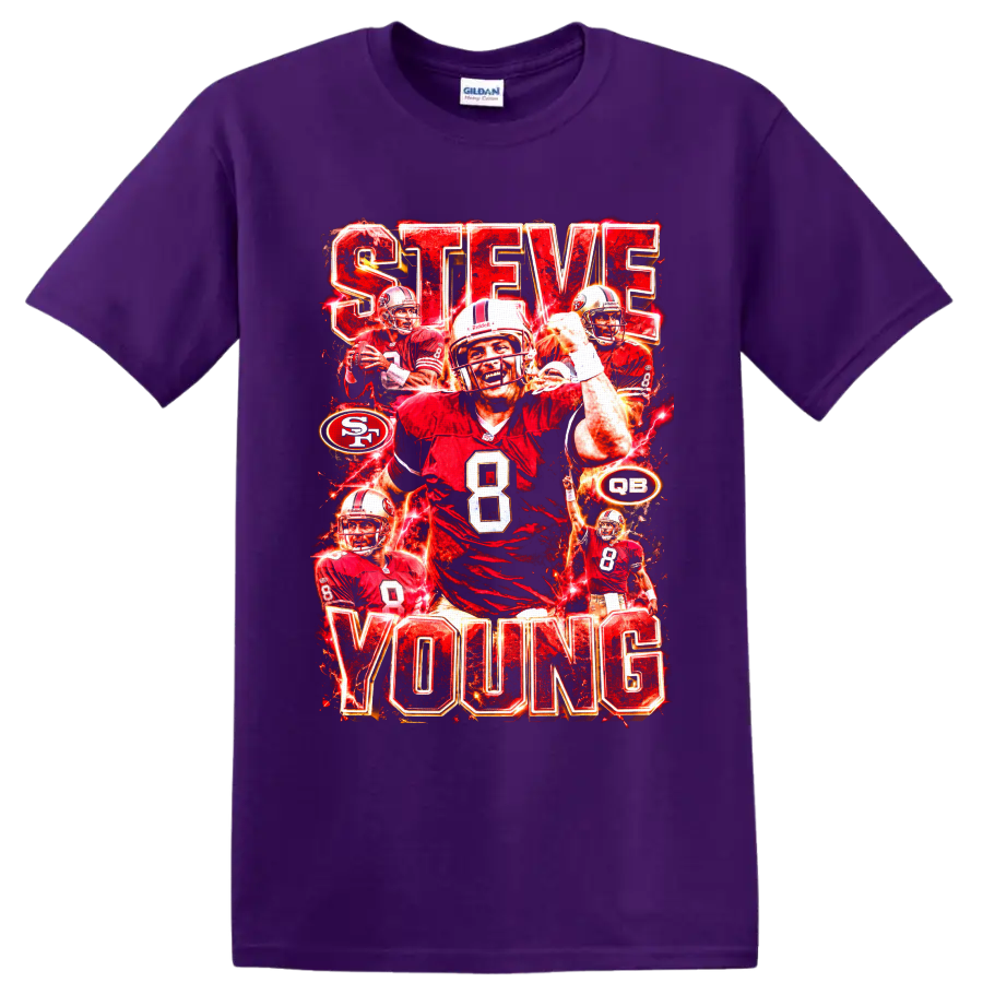 Steve Young 49ers number 8 quarterback collage with STEVE YOUNG lettering on a Purple T Shirt