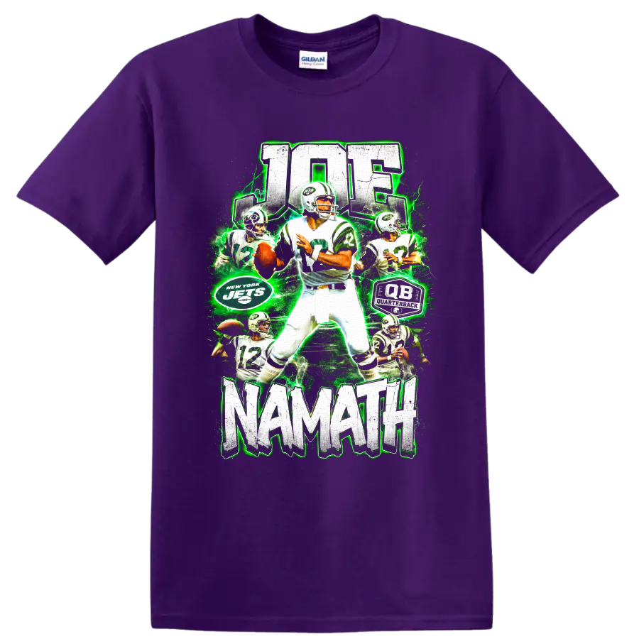 Joe Namath New York Jets quarterback collage with number 12, distressed text, and green on a Purple T Shirt