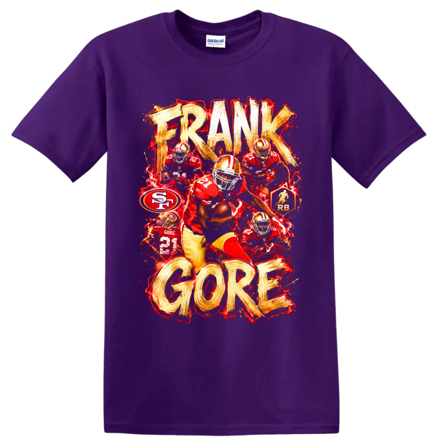 Frank Gore 49ers number 21 action collage with distressed FRANK GORE lettering on a Purple T Shirt