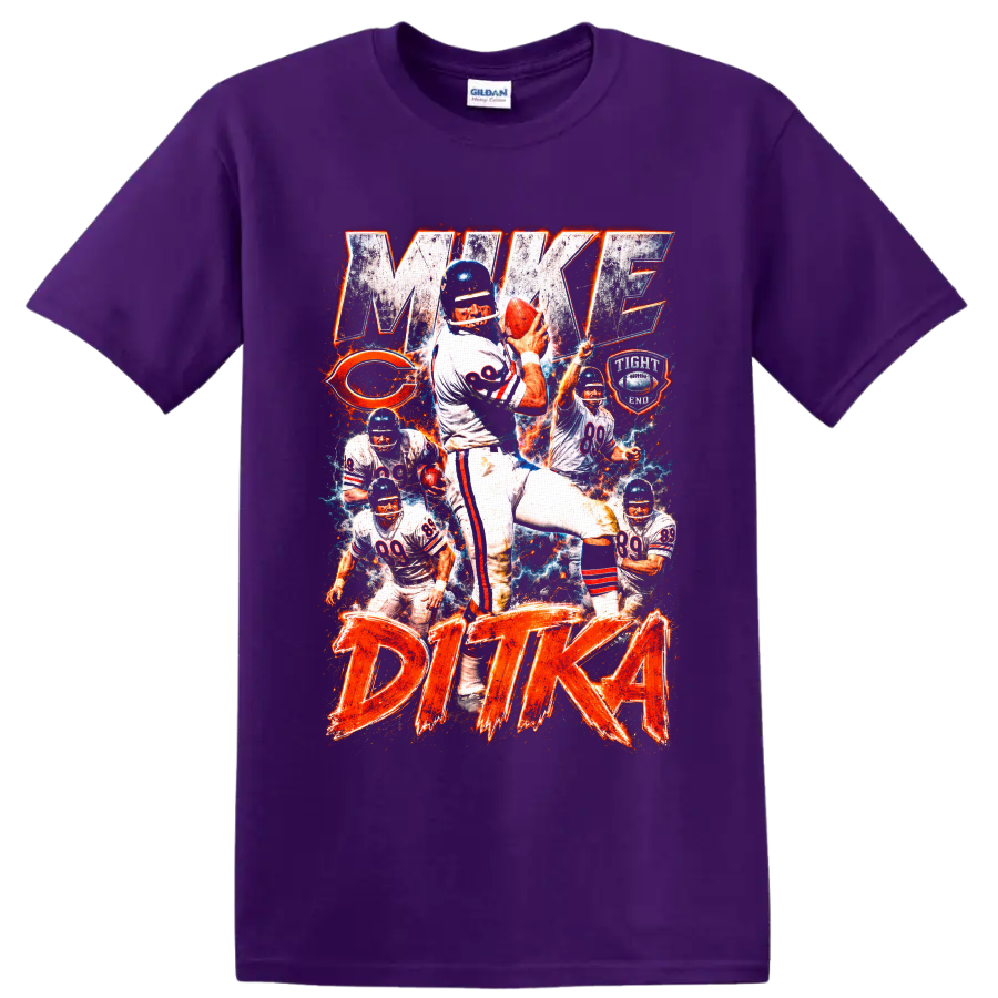 Mike Ditka Chicago Bears number 89 vintage football collage with MAKE DITKA text on a Purple T Shirt
