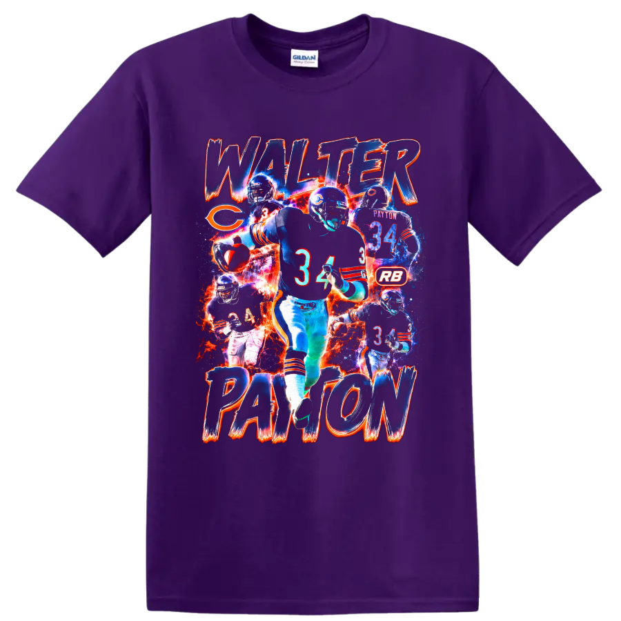 Walter Payton Chicago Bears number 34 action collage with distressed name lettering on a Purple T Shirt