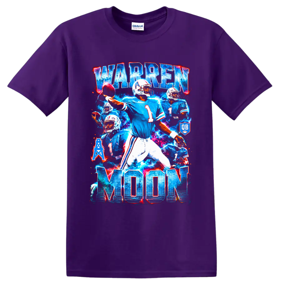 Warren Moon Houston Oilers quarterback collage with bold WARREN MOON lettering on a Purple T Shirt