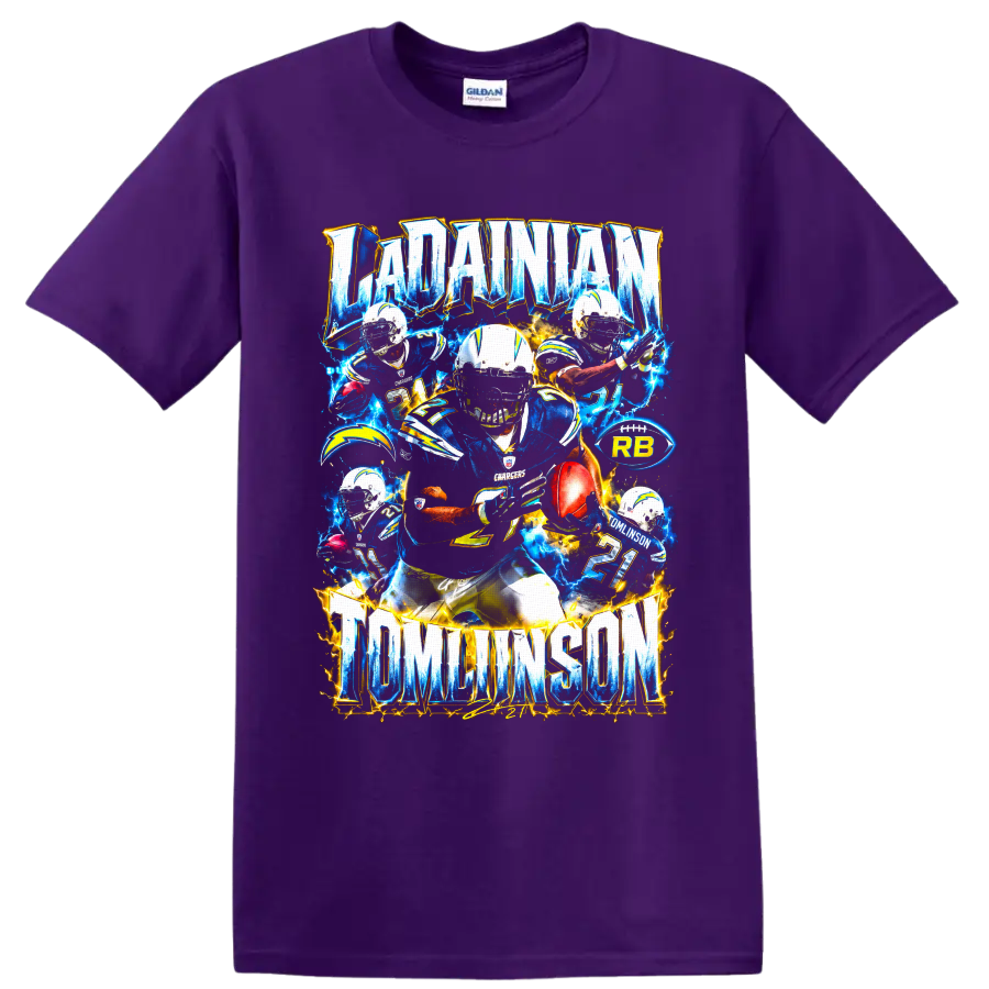 LaDainian Tomlinson San Diego Chargers number 21 electric football collage on a Purple T Shirt