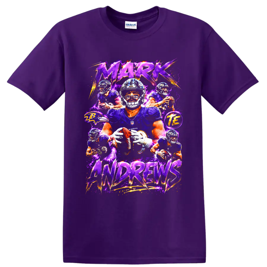 Mark Andrews Baltimore Ravens football action collage with purple lightning and bold on a Purple T Shirt