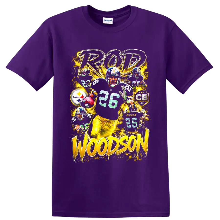 Rod Woodson No. 26 Steelers cornerback collage with gold lightning and bold lettering on a Purple T Shirt