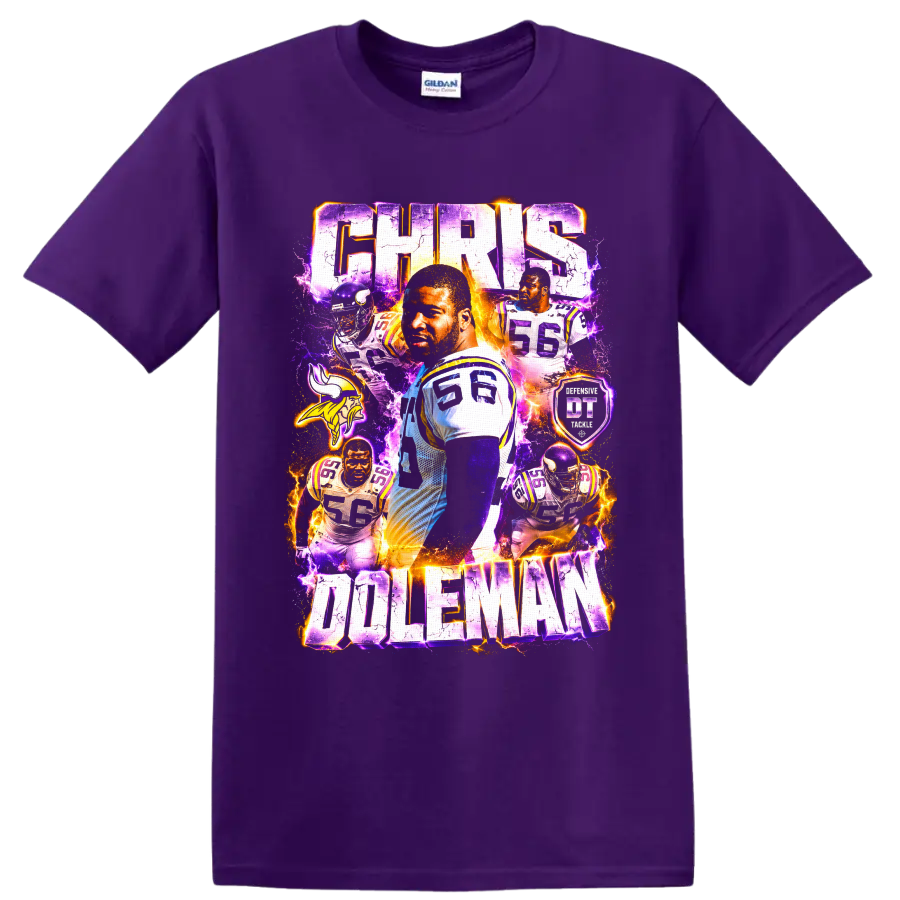 Chris Doleman Minnesota Vikings number 56 lightning football collage with CHRIS DOLEMAN on a Purple T Shirt