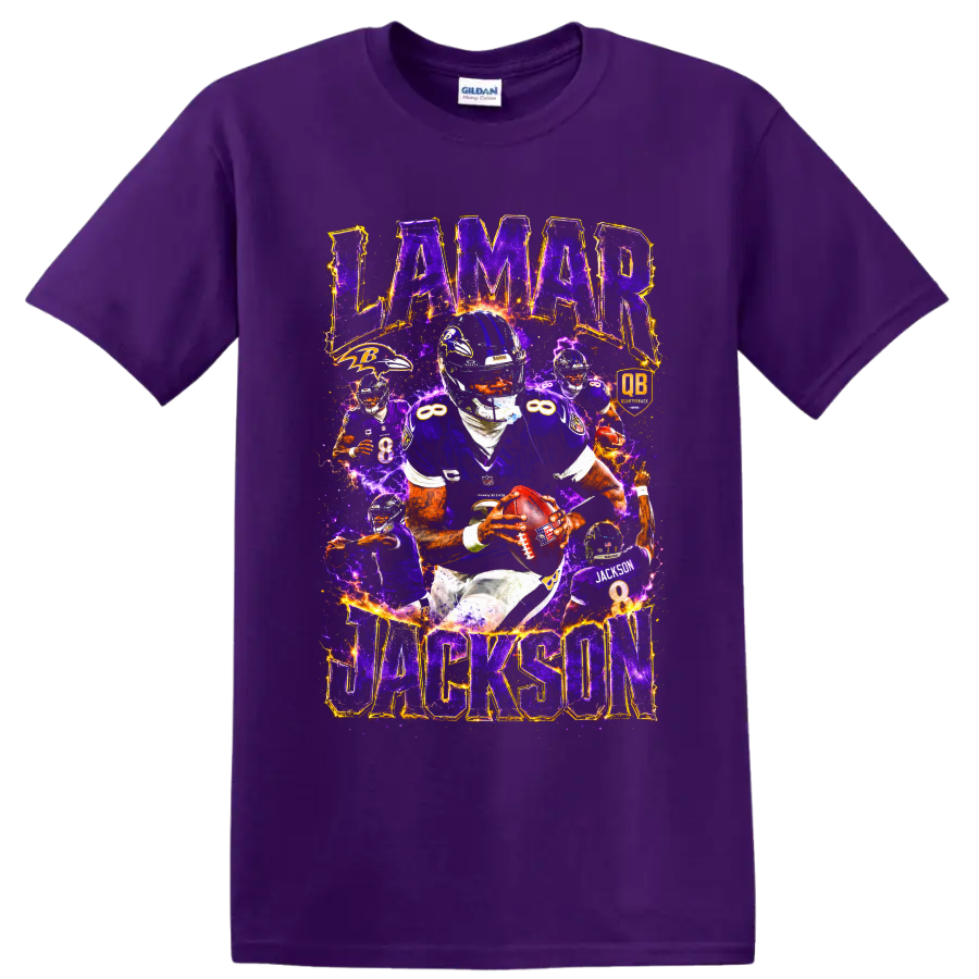 Lamar Jackson Ravens quarterback number 8 action collage with purple lightning on a Purple T Shirt
