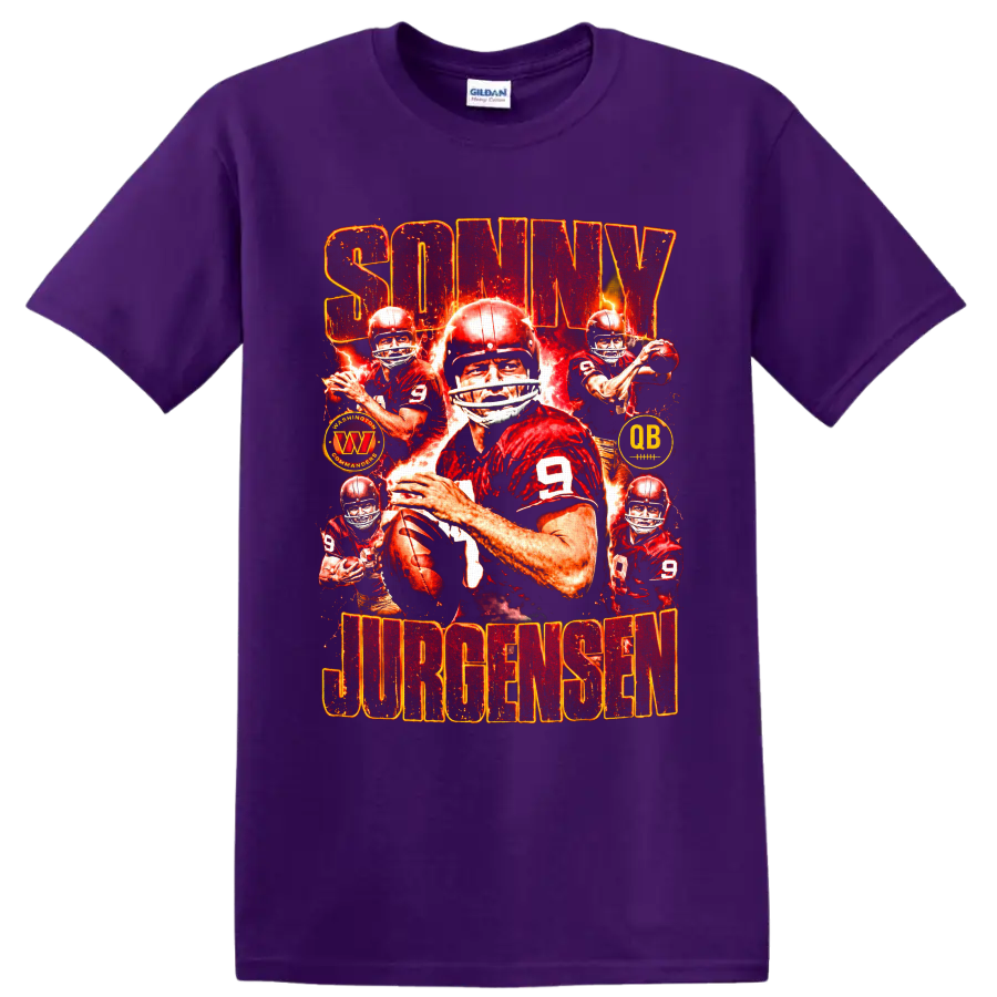 Sonny Jurgensen No. 9 quarterback collage with fiery distressed football graphics on a Purple T Shirt