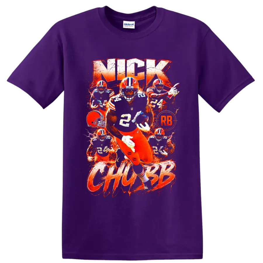 Nick Chubb Cleveland Browns running back action collage with fiery orange typography on a Purple T Shirt