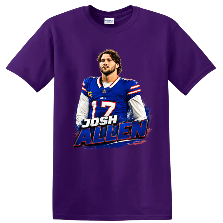 Josh Allen Buffalo Bills quarterback graphic with number 17 and distressed name lettering on a Purple T Shirt