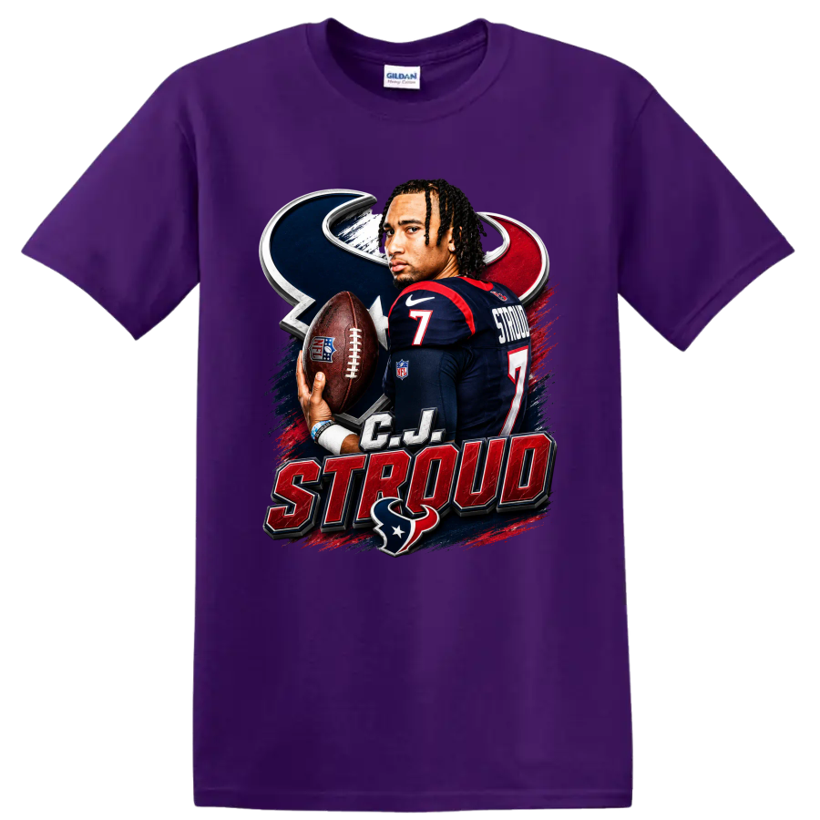 C.J. Stroud Houston Texans quarterback graphic with football, number 7, and team mark on a Purple T Shirt