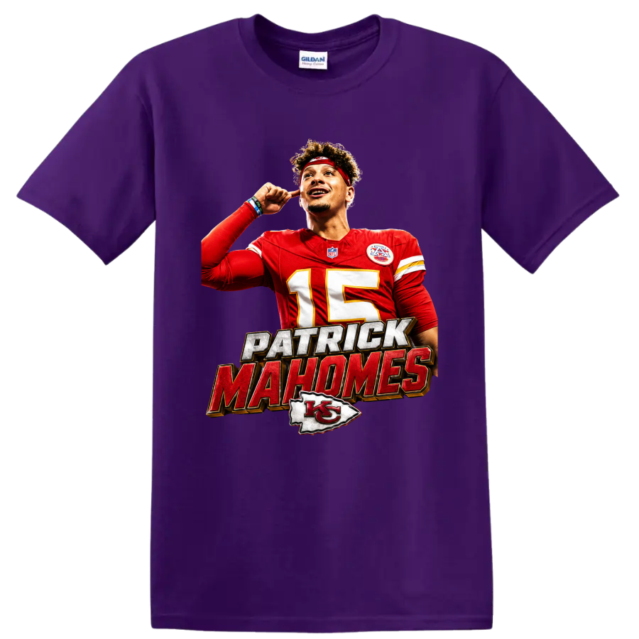 Patrick Mahomes Chiefs number 15 football graphic with bold name lettering and arrowhead on a Purple T Shirt