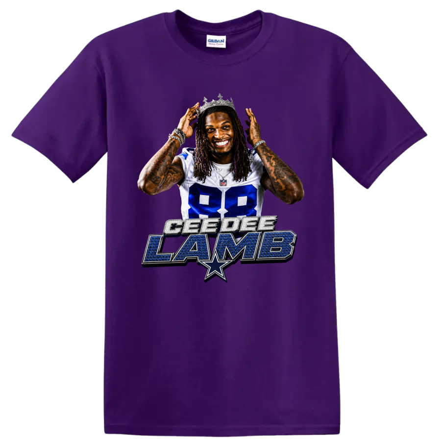 CeeDee Lamb Dallas Cowboys 88 portrait wearing a crown above jewel-style name art on a Purple T Shirt