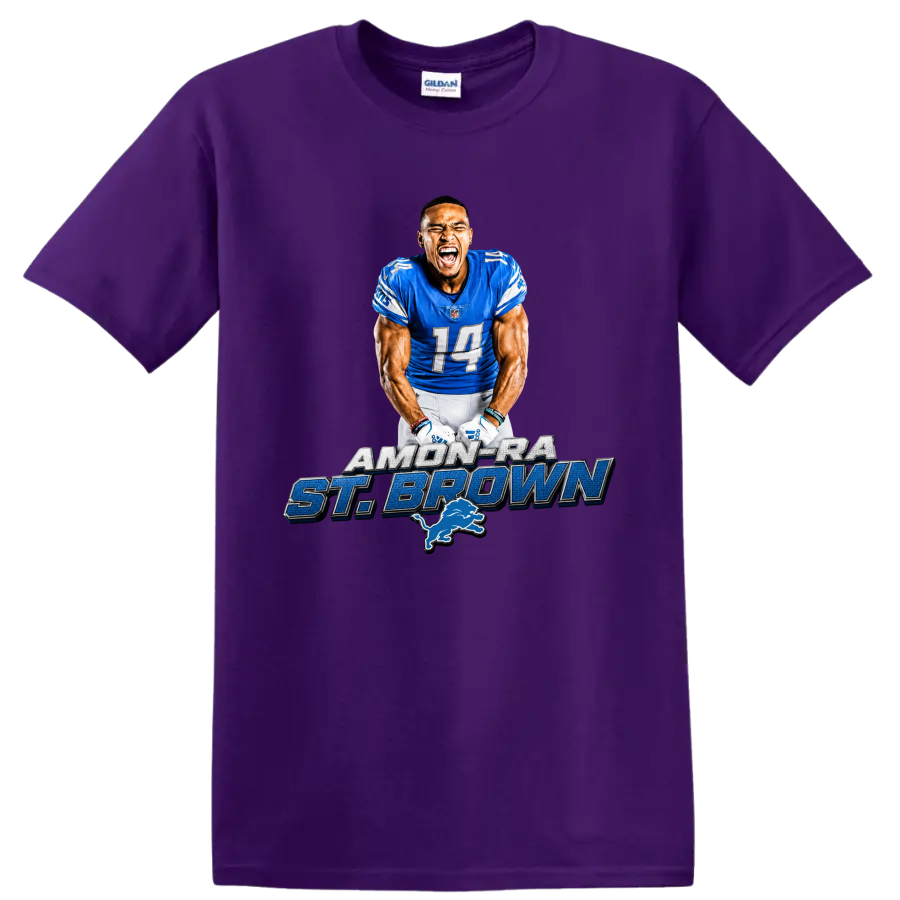 Amon-Ra St. Brown Detroit Lions wide receiver graphic with name lettering and lion emblem on a Purple T Shirt