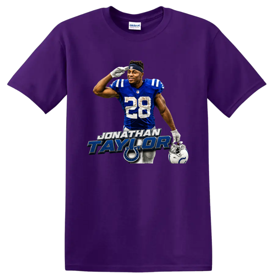 Jonathan Taylor Colts number 28 football player graphic with horseshoe emblem on a Purple T Shirt