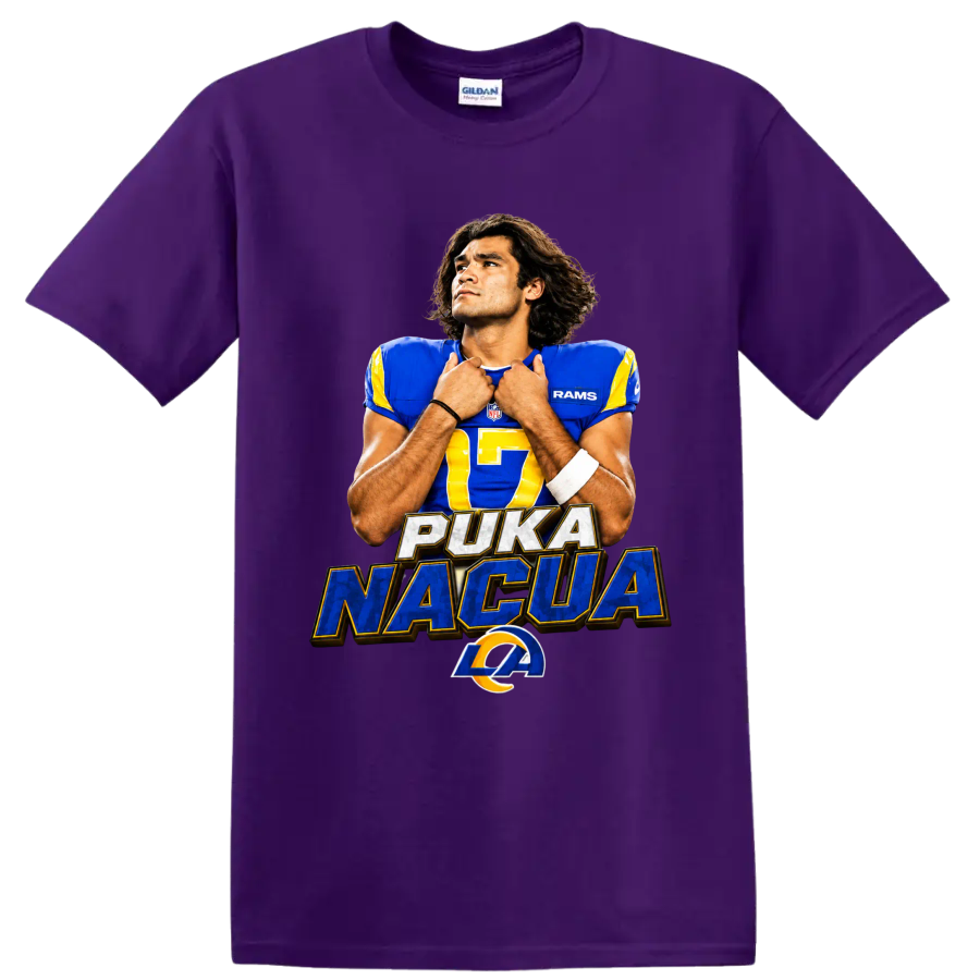 Puka Nacua Rams number 17 football portrait with PUKA NACUA text and horn emblem on a Purple T Shirt