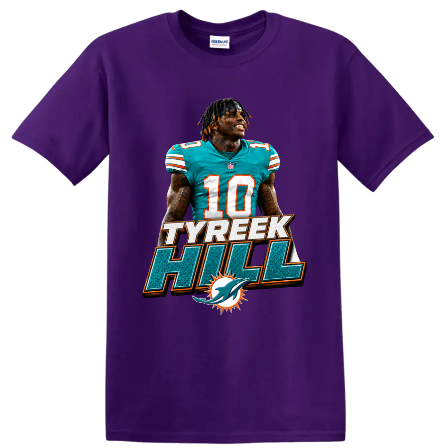 Tyreek Hill Miami Dolphins number 10 football portrait with TYREEK HILL text on a Purple T Shirt