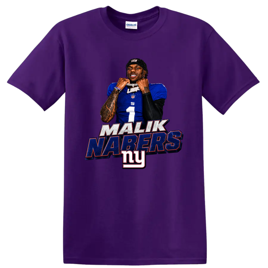Malik Nabers New York Giants number 1 portrait graphic with MALIK NABERS lettering on a Purple T Shirt