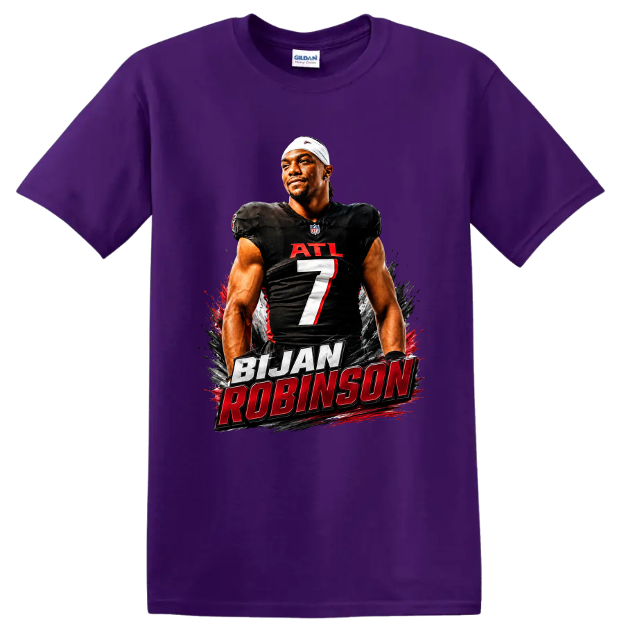 Bijan Robinson Atlanta Falcons number 7 football portrait with bold name lettering on a Purple T Shirt