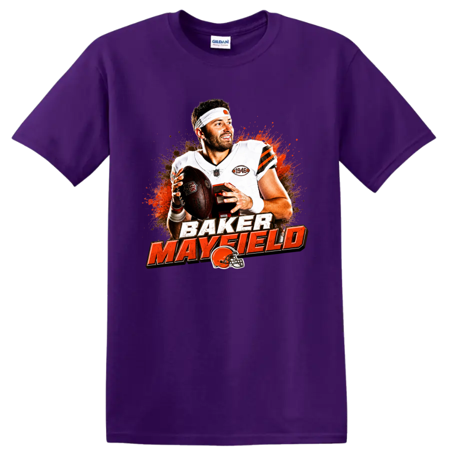 Baker Mayfield Cleveland Browns football graphic with distressed lettering and helmet on a Purple T Shirt
