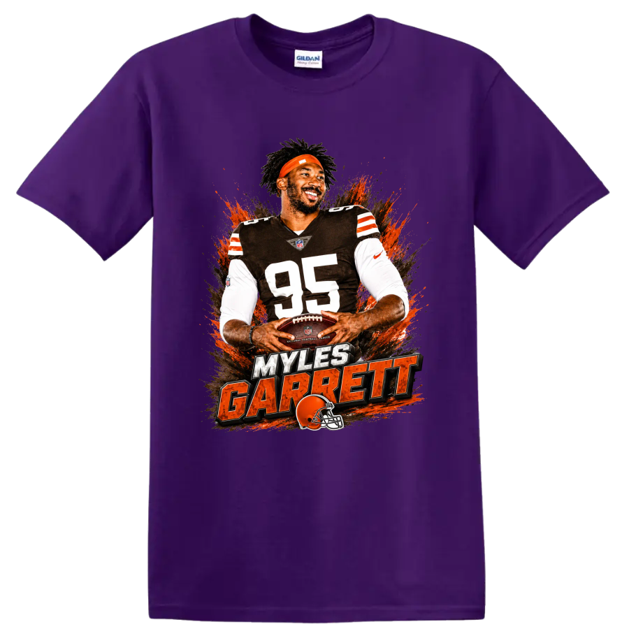 Myles Garrett number 95 Cleveland Browns football graphic with orange paint splashes on a Purple T Shirt
